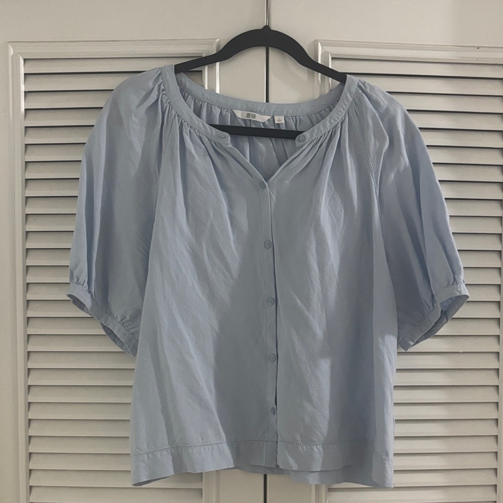 Uniqlo Pale Blue Button-Front Peasant Blouse